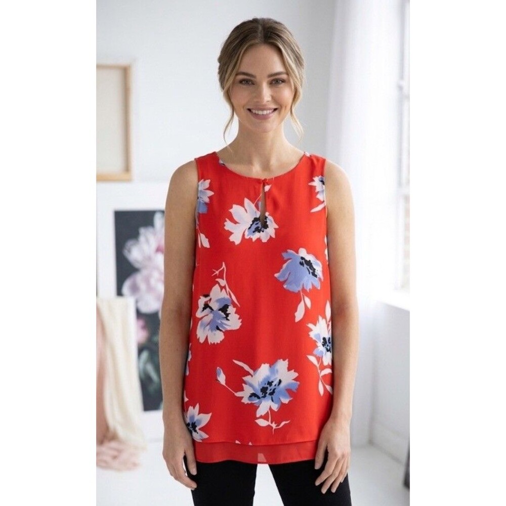 NWOT Jasmine & Juliana Sz XL Red Tunic Top Blue Floral Keyhole Front layered Hem
